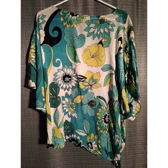 "Women's Floral Print 3/4 Sleeve Top – Teal and Yellow Boho Blouse" - Picture 2 of 5